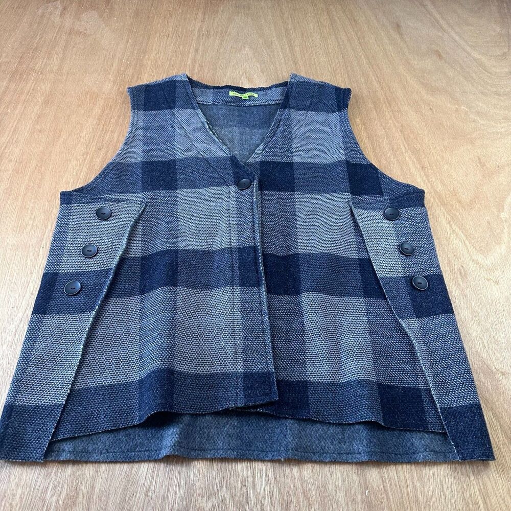Trisha Tyler Buffalo Check Fleece Vest Womens Large Black Gray Single Button